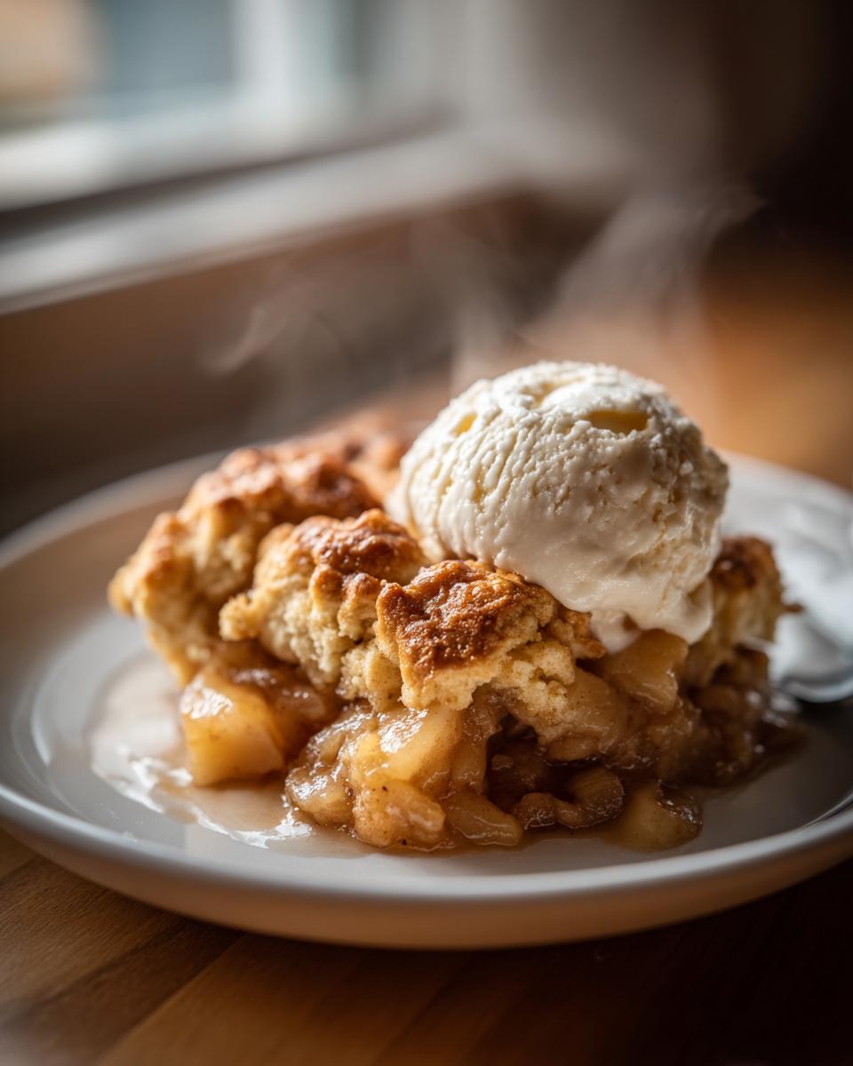A warm serving of apple cobbler topped with a scoop of melting vanilla ice cream, steam rising off the dessert.
