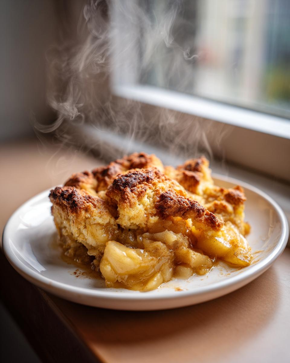 Close-up of a freshly baked, steaming slice of apple cobbler with a golden crust on a white plate.
