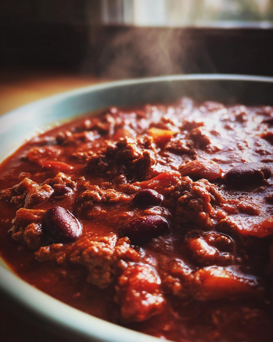 Close-up of a steaming bowl containing the best chili recipe, rich with ground meat and dark red kidney beans.