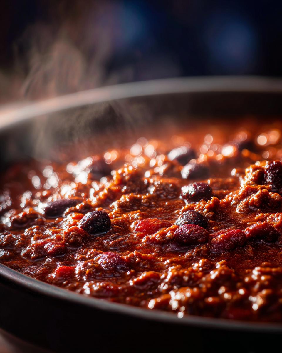 Close-up of rich, dark red chili simmering in a pot, showing beans and steam rising, perfect for the best chili recipe.