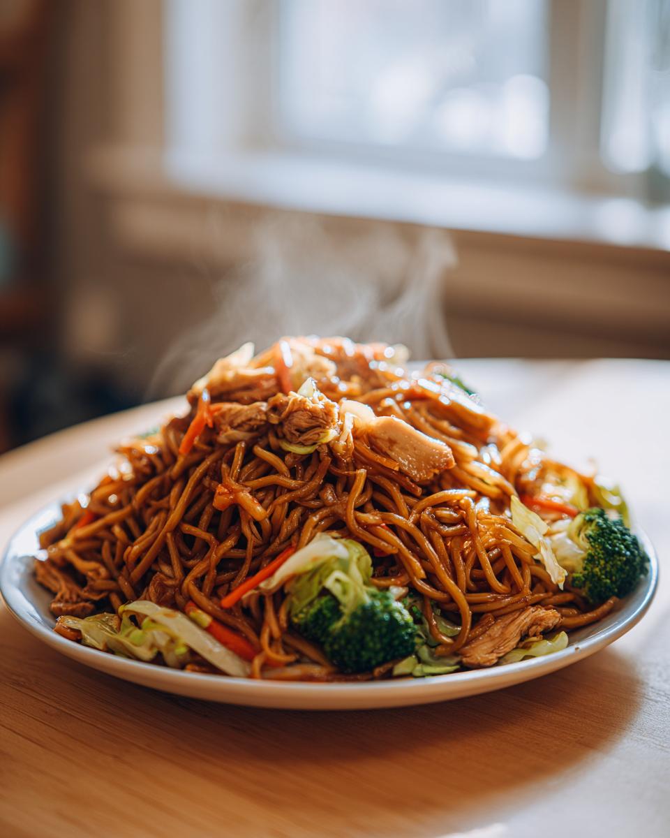 A steaming plate piled high with homemade chicken chow mein recipe noodles, chicken pieces, broccoli, and cabbage.
