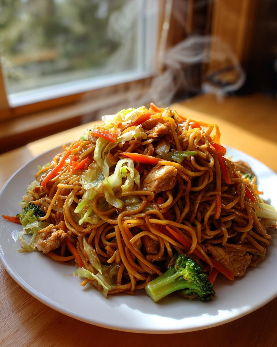 A large serving of hot chicken chow mein recipe with noodles, broccoli, carrots, and cabbage, steaming slightly.