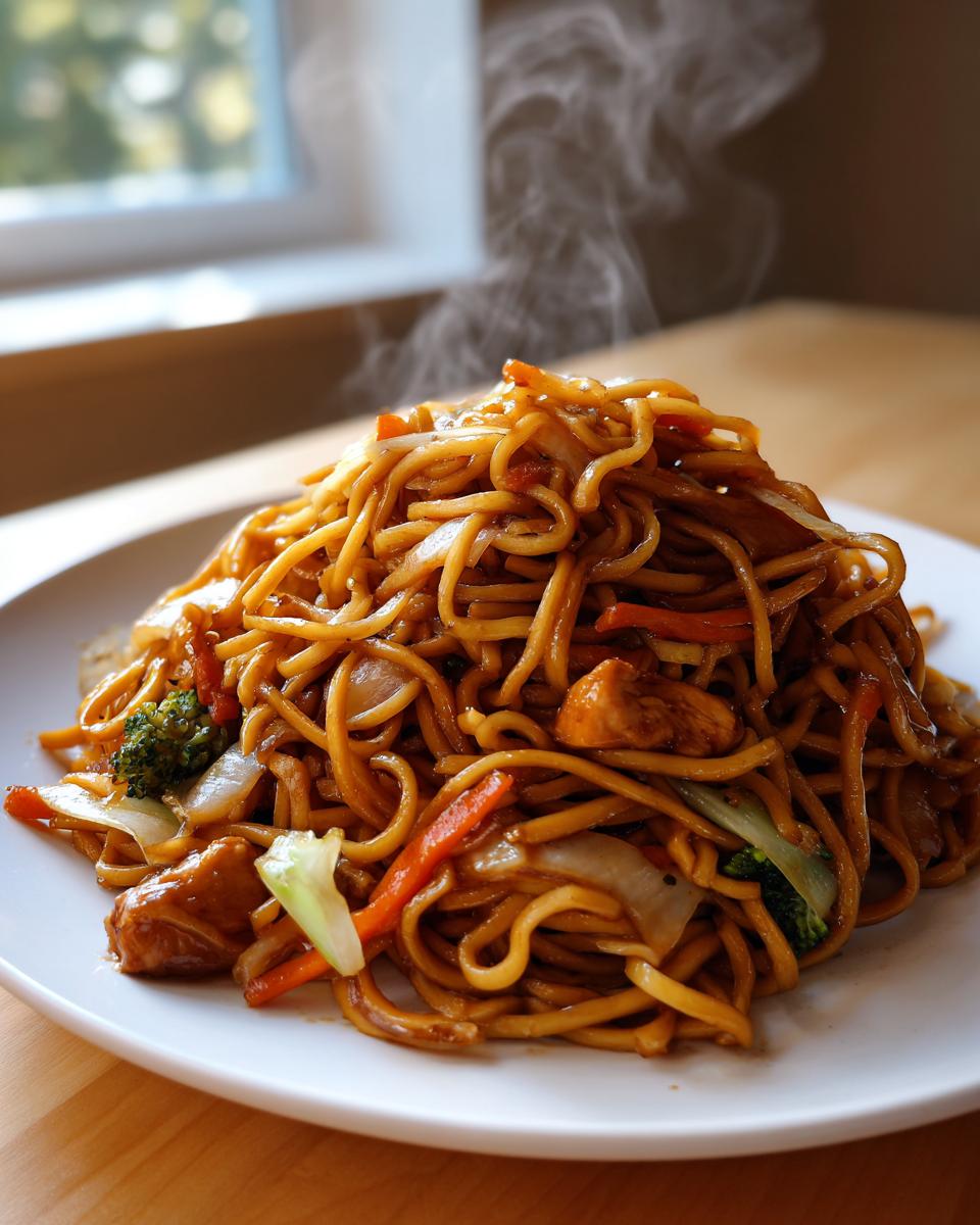 A close-up of a steaming mound of freshly made chicken chow mein recipe, featuring noodles, chicken pieces, carrots, and broccoli.