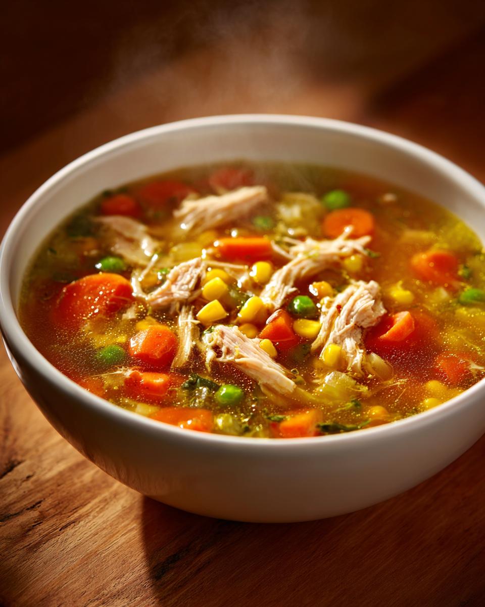 Close-up of a steaming white bowl filled with rich chicken vegetable soup, featuring shredded chicken, carrots, peas, and corn.