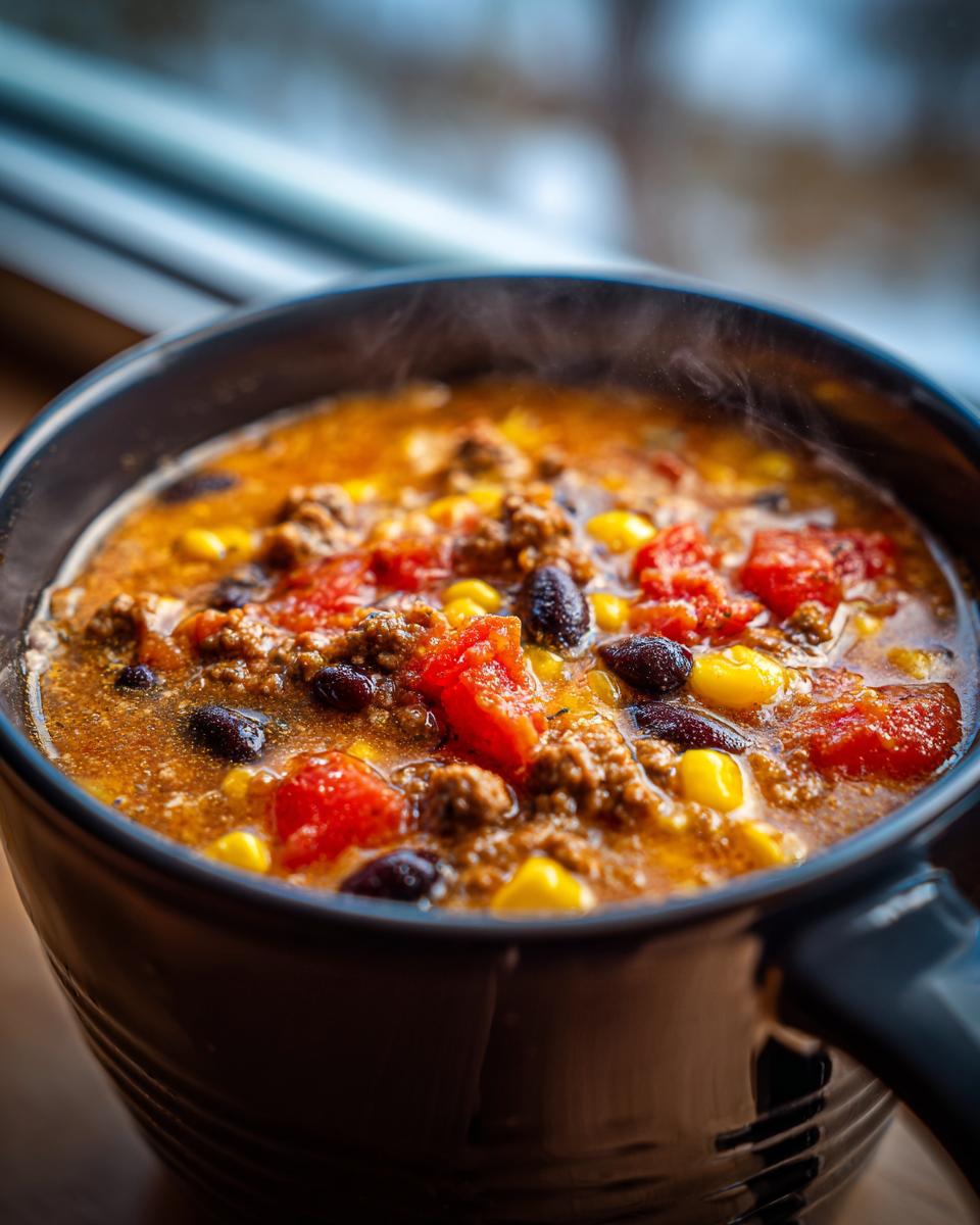 Close-up of hot, steaming crockpot cowboy soup featuring ground beef, black beans, corn, and diced tomatoes.