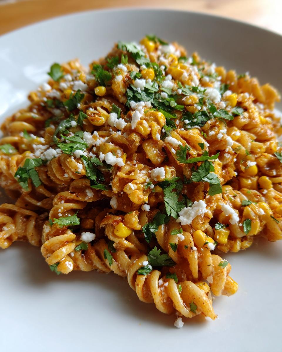 A close-up of a serving of street corn pasta salad featuring fusilli pasta, corn kernels, crumbled white cheese, and fresh cilantro.