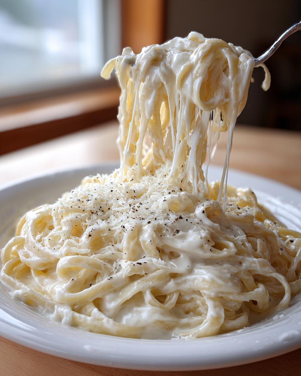 Close-up of fettuccine pasta being lifted, coated in creamy homemade alfredo sauce with grated cheese and black pepper.