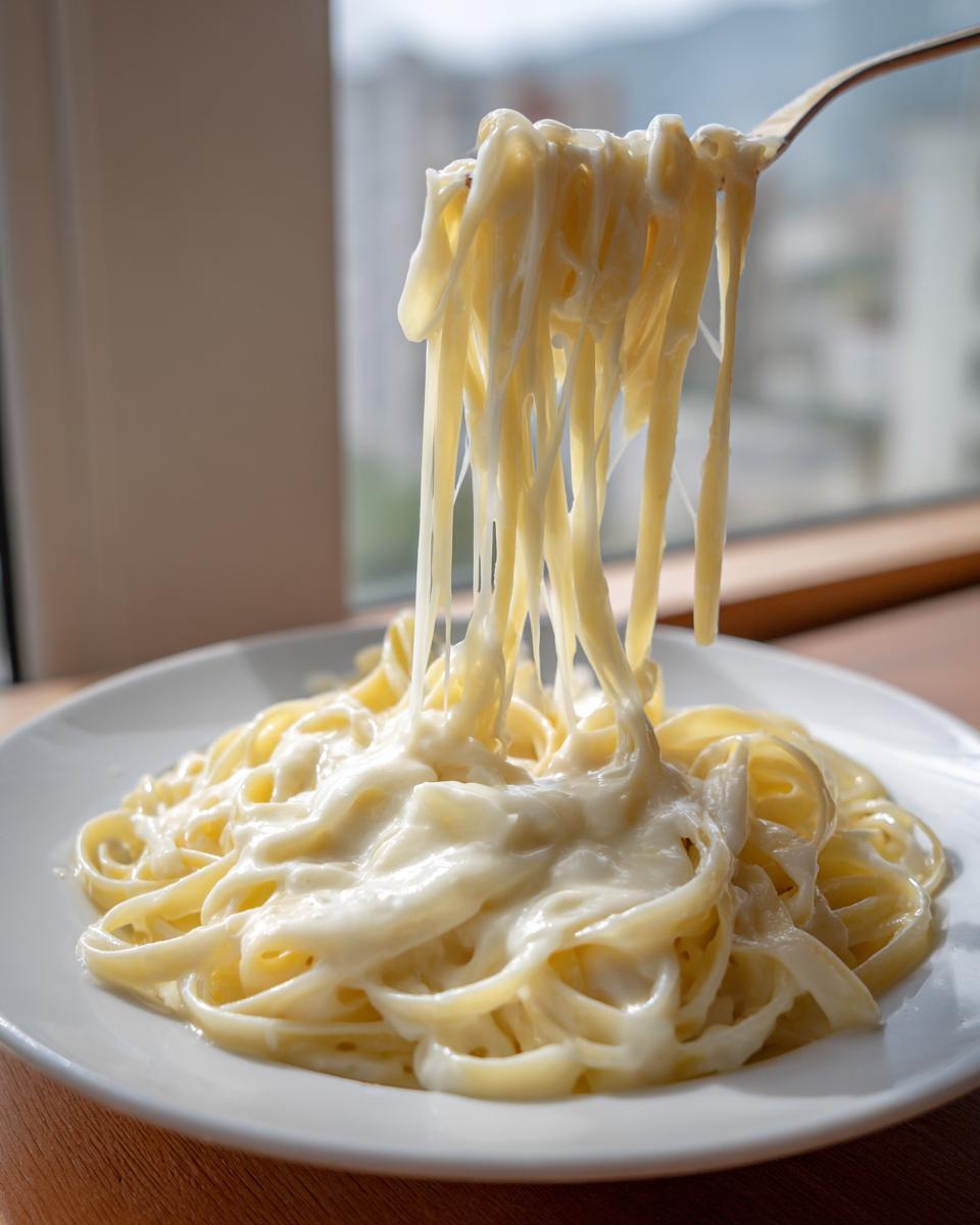 A fork lifting fettuccine noodles covered in rich, creamy homemade alfredo sauce, showing a delicious cheese pull.