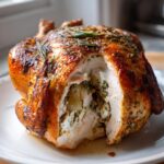 A perfectly roasted whole chicken, cut open to show the herb and cheese stuffing inside.