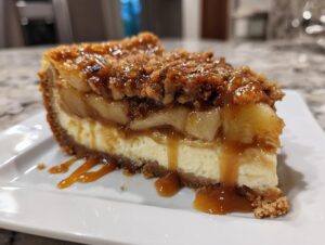 A tall, decadent slice of apple pie cheesecake topped with spiced apples, crumble, and drizzled with caramel sauce.