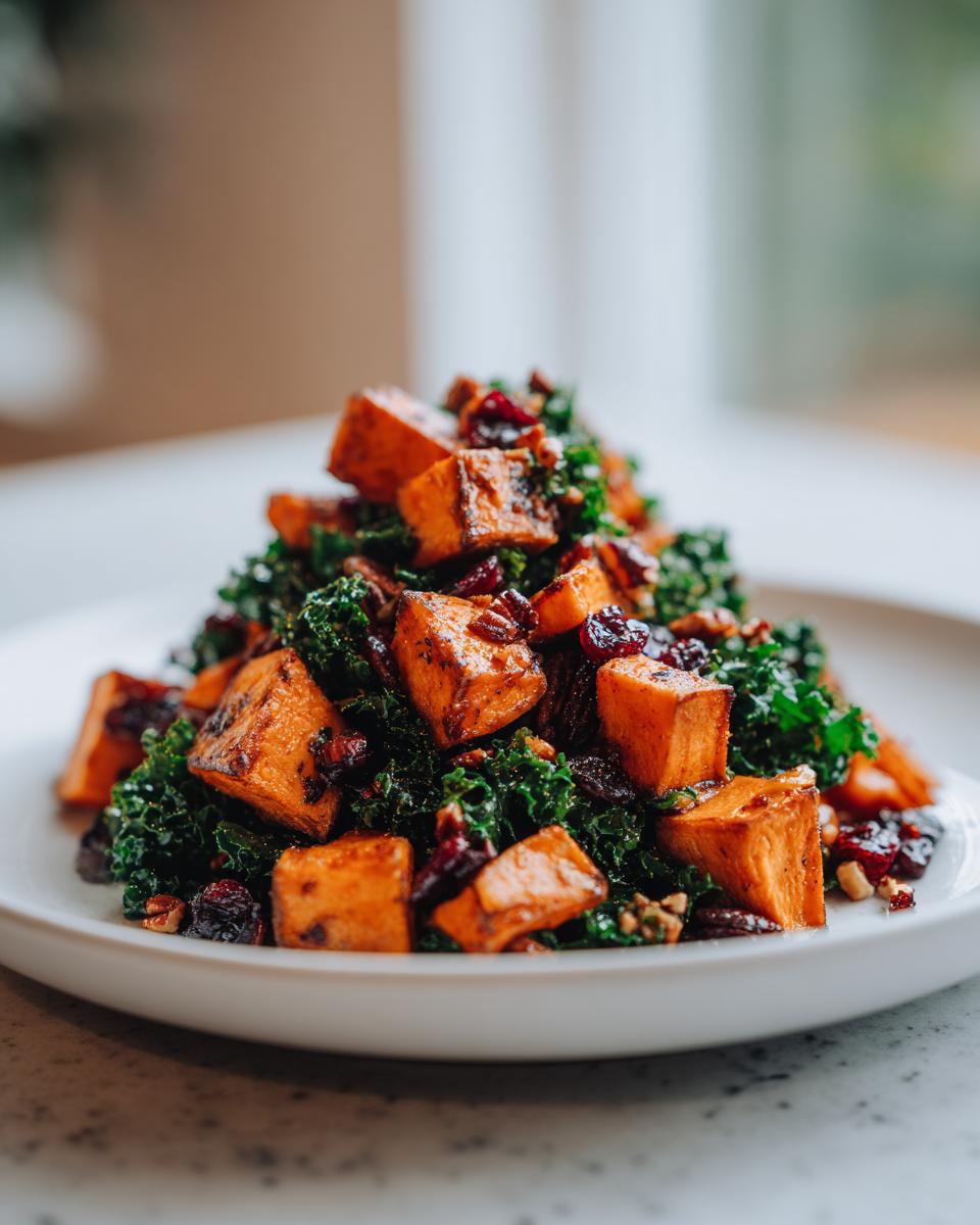 A mound of vibrant sweet potato salad featuring roasted sweet potato cubes, kale, dried cranberries, and nuts on a white plate.
