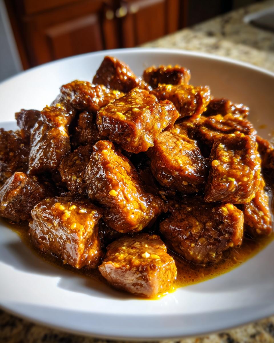 Close-up of tender crockpot steak cut into cubes and coated in a thick, glossy, amber-colored sauce.