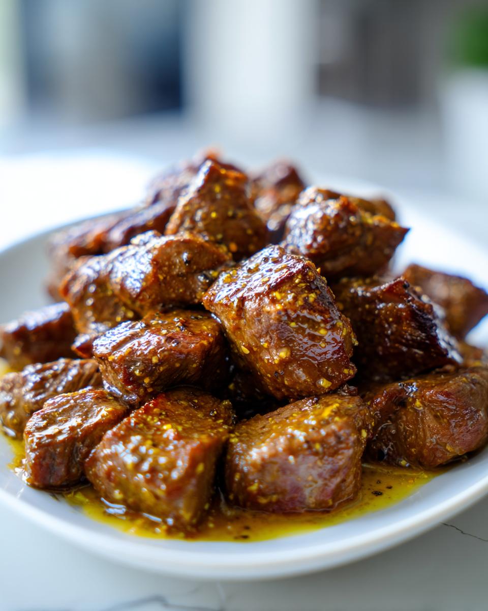 Close-up of tender, cubed crockpot steak bites covered in a glistening, savory mustard-based glaze.