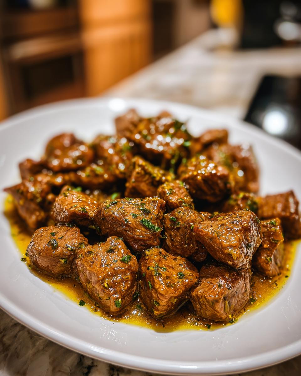 Close-up of tender, saucy crockpot steak bites garnished with herbs on a white serving platter.