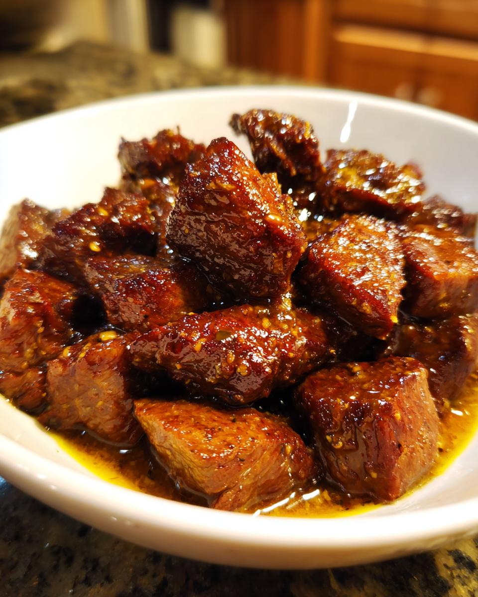 Close-up of tender, cubed crockpot steak bites coated in a rich, glossy brown sauce with visible spices.