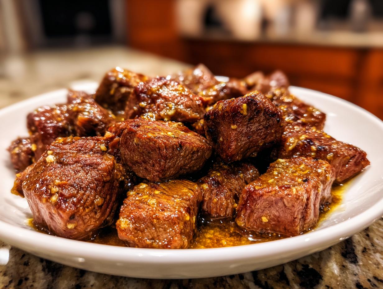 Close-up of tender, cubed crockpot steak bites coated in a glossy, savory sauce with visible garlic pieces.