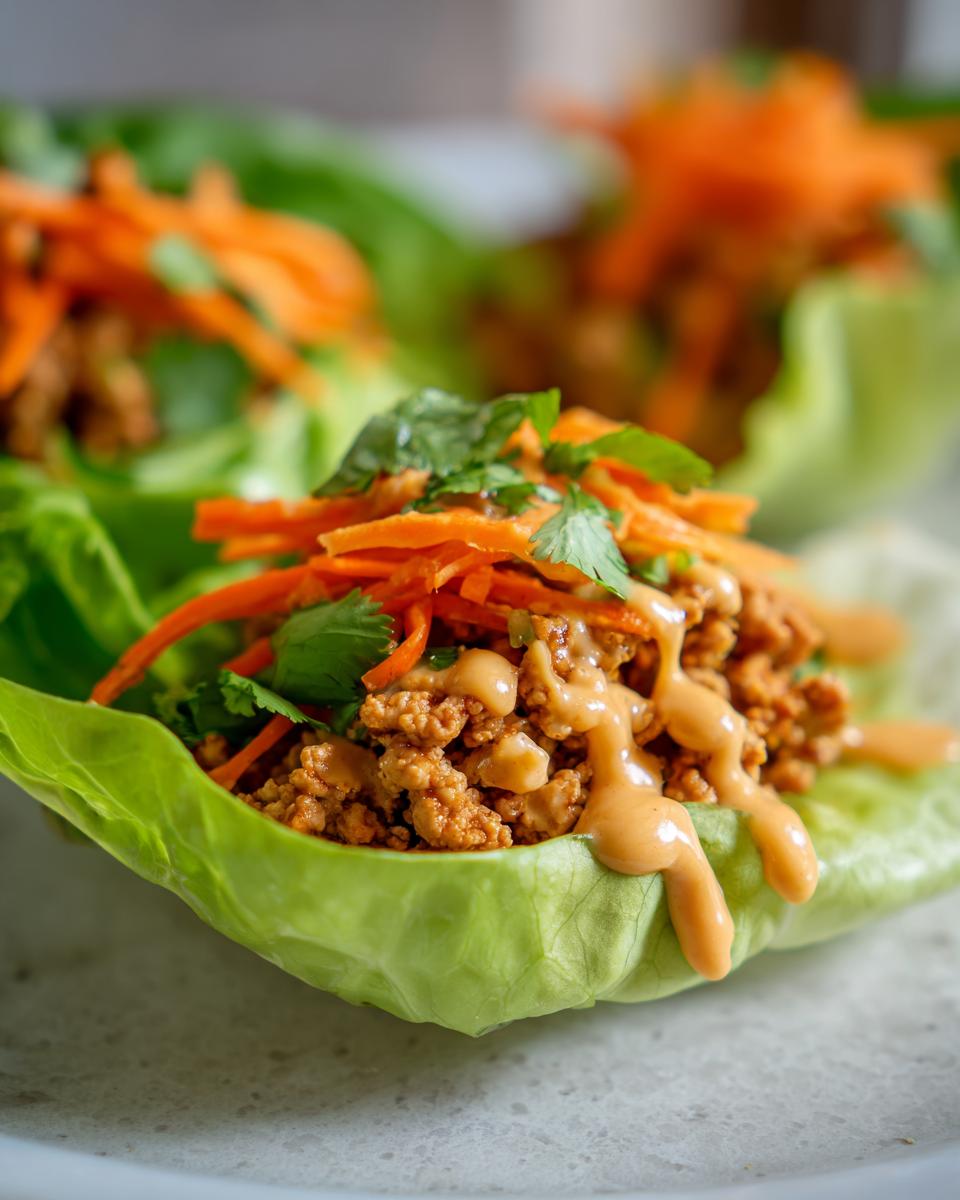 Close-up of a delicious thai chicken lettuce wraps cup filled with seasoned ground chicken, shredded carrots, and peanut sauce.