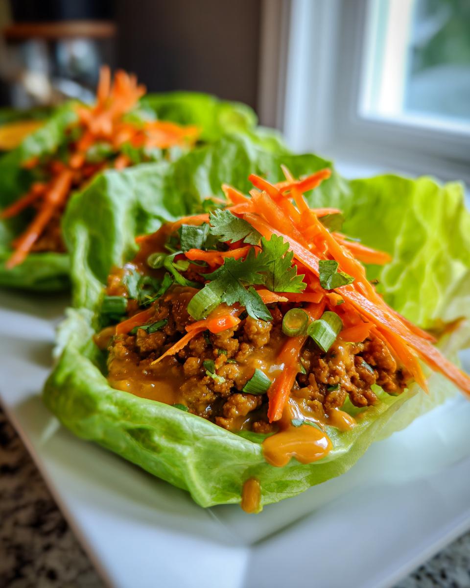 Two servings of delicious thai chicken lettuce wraps filled with savory ground chicken and topped with shredded carrots and cilantro.