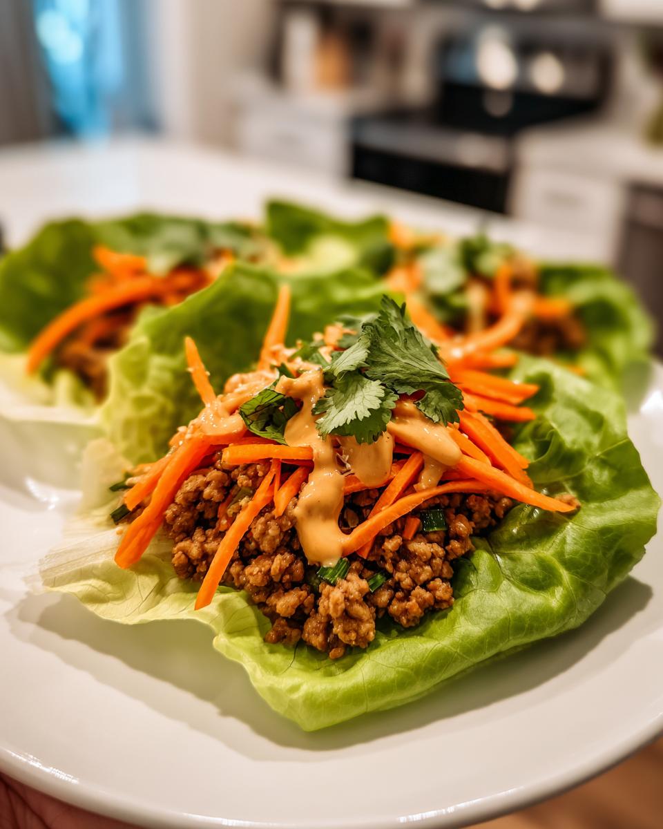 A close-up of delicious thai chicken lettuce wraps filled with seasoned ground chicken, shredded carrots, and peanut sauce.