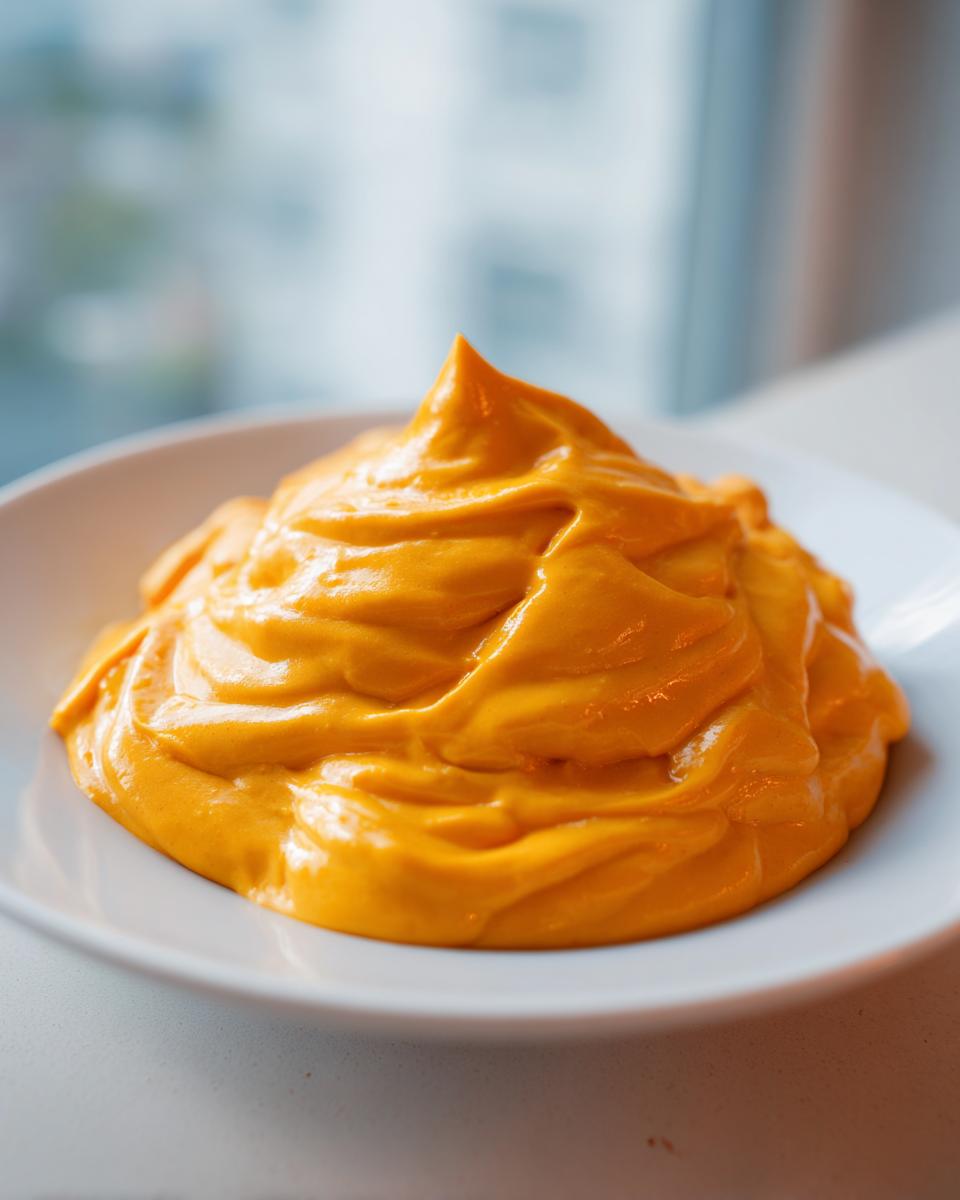 A close-up of a thick, bright orange mound of homemade nacho cheese sauce in a white bowl.