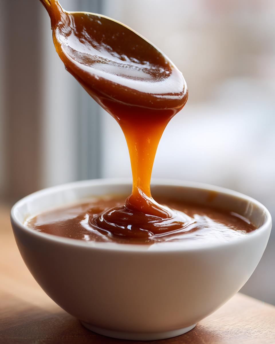 Close-up of thick, rich brown liquid, resembling turkey gravy, dripping from a spoon into a white bowl.