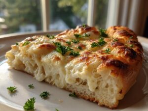 A thick, decadent slice of white pizza showing a fluffy crust and melted, bubbly cheese topping, garnished with fresh parsley.