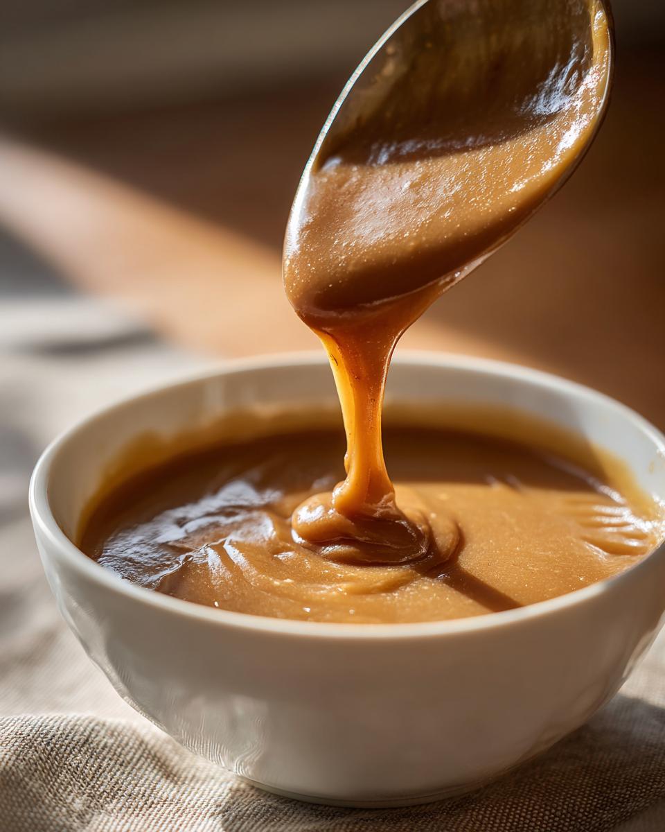 Close-up of thick, rich turkey gravy being poured from a spoon into a white bowl.