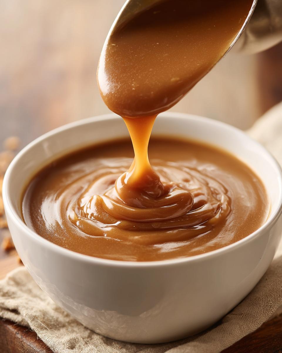 Close-up of thick, rich turkey gravy being poured from a ladle into a white bowl.