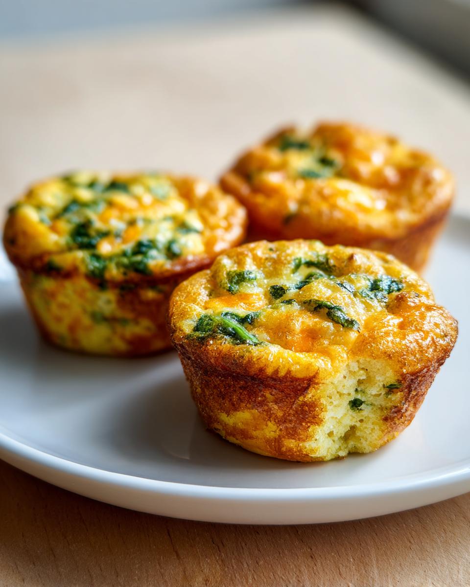 Three golden brown, baked egg muffin portions with visible green spinach pieces served on a white plate.