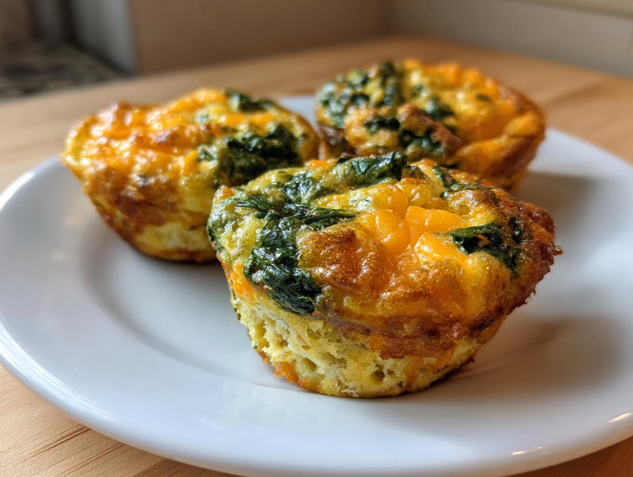 Three golden-brown spinach and cheese egg muffin cups served on a white plate.