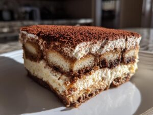 A close-up slice of layered tiramisu cheesecake dusted heavily with cocoa powder.