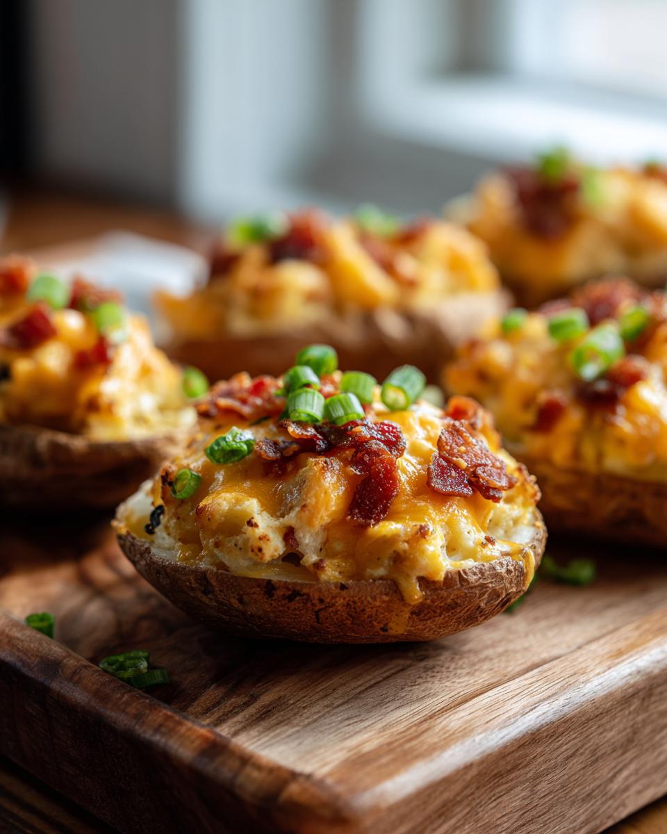 Close-up of a delicious twice baked potato stuffed with cheese, bacon bits, and green onions on a wooden board.