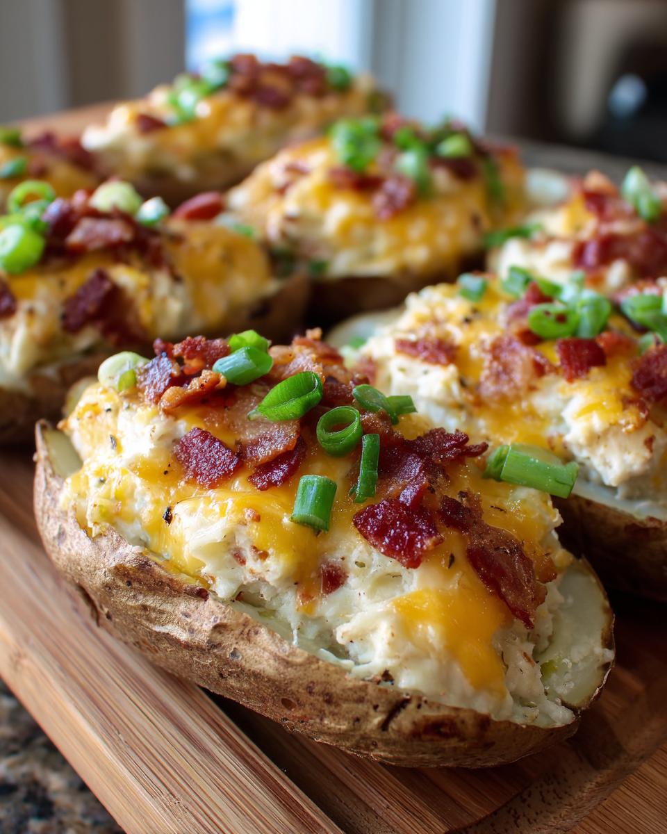 Close-up of several twice baked potatoes loaded with cheese, bacon bits, and green onions.