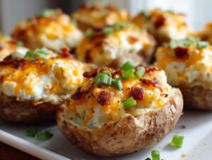 Close-up of several delicious twice baked potatoes topped with melted cheddar cheese, bacon bits, and fresh green onions.