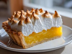 Close-up of a perfect slice of lemon meringue pie showing bright yellow curd and tall, toasted meringue peaks.