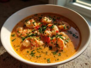 Close-up of a rich, orange bisque seafood soup featuring plump shrimp and fresh parsley garnish.