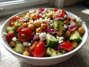 Close-up of a vibrant mediterranean chickpea salad featuring chickpeas, cherry tomatoes, cucumber, red onion, and feta cheese.