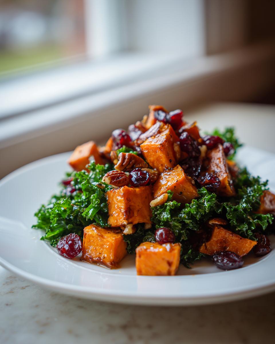 Close-up of a vibrant sweet potato salad featuring roasted sweet potato cubes, kale, pecans, and dried cranberries.