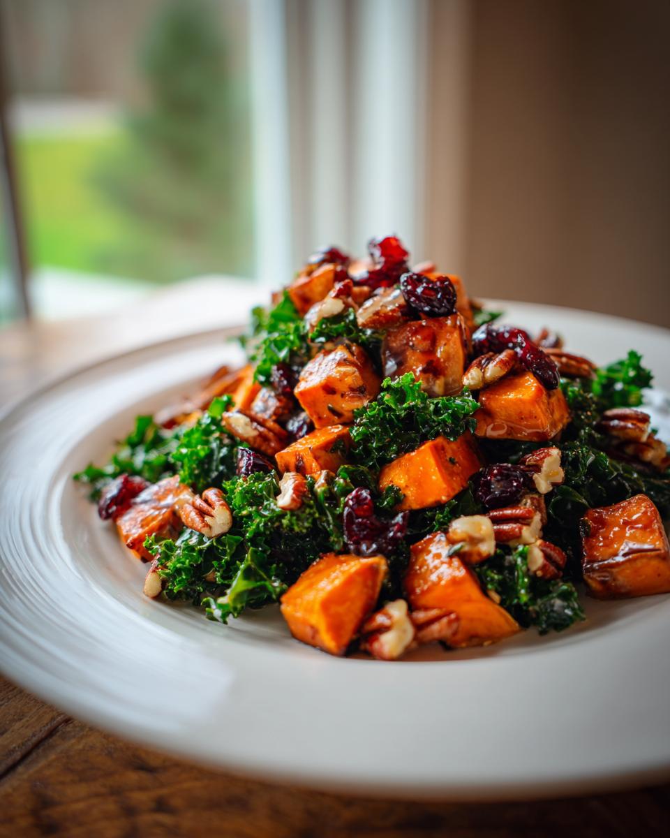 A close-up of a vibrant sweet potato salad featuring roasted sweet potato cubes, dark green kale, pecans, and dried cranberries.