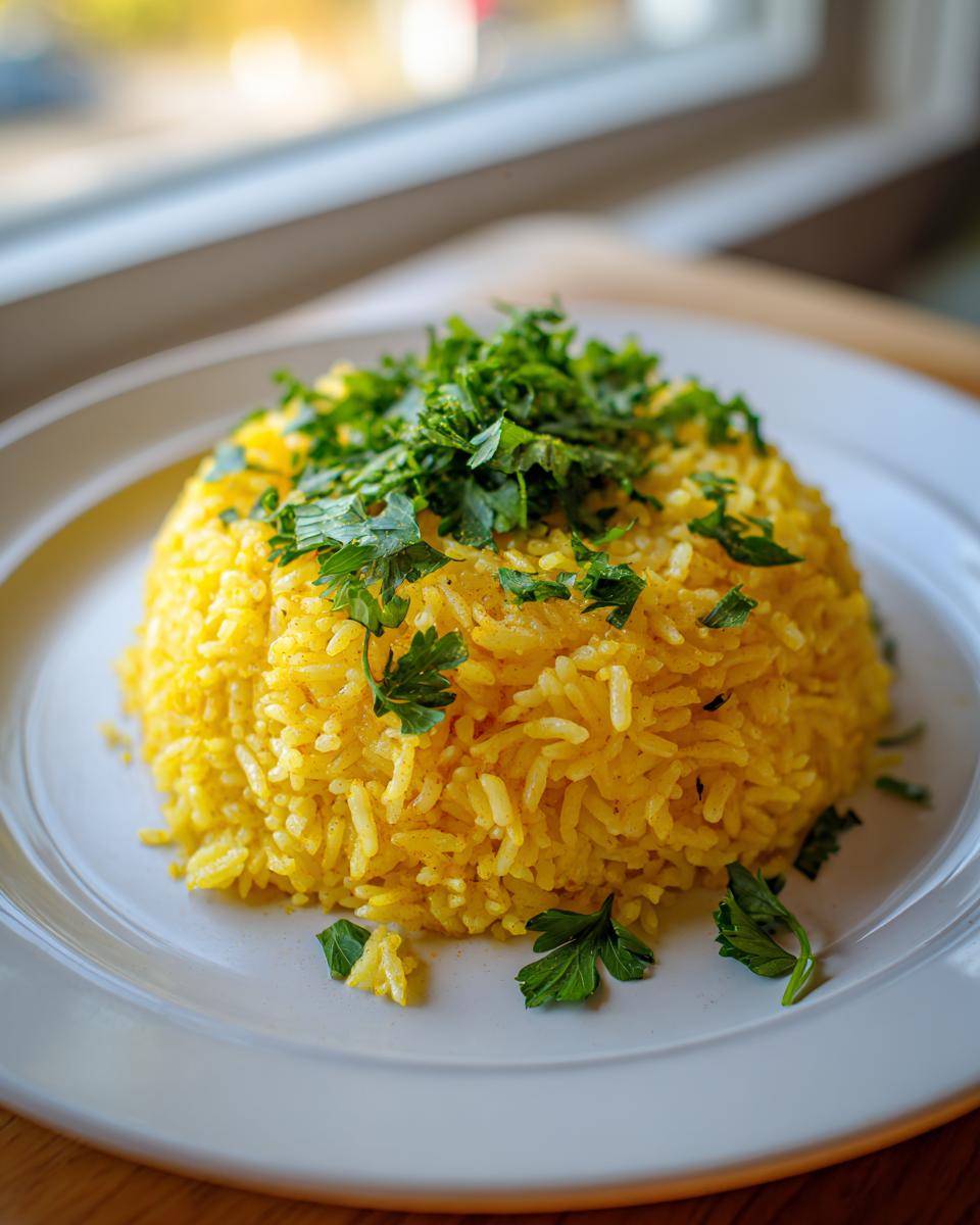 A mound of vibrant yellow turmeric rice topped generously with fresh, chopped parsley on a white plate.