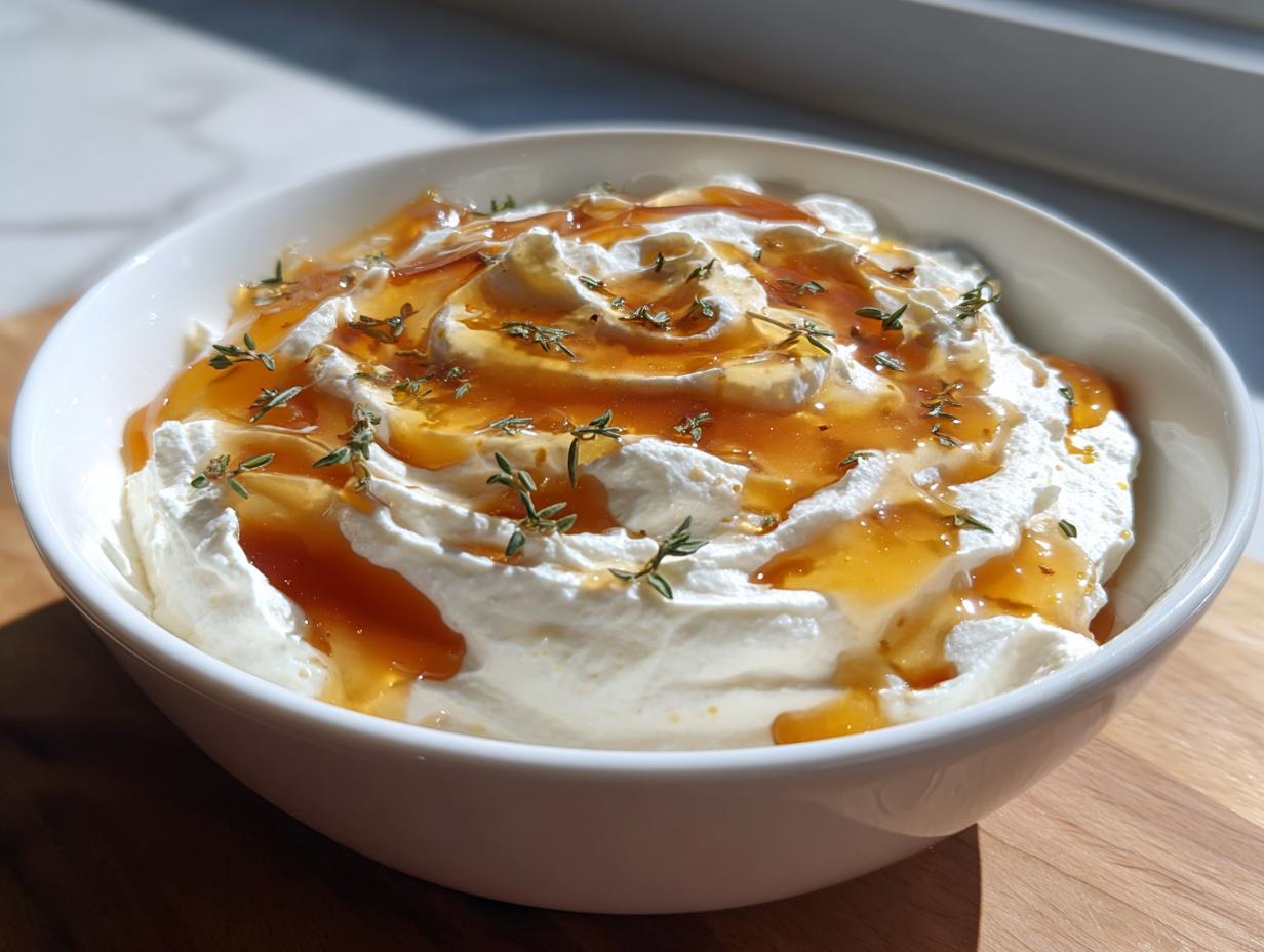 A white bowl filled with creamy whipped ricotta dip drizzled with amber honey and fresh thyme sprigs.