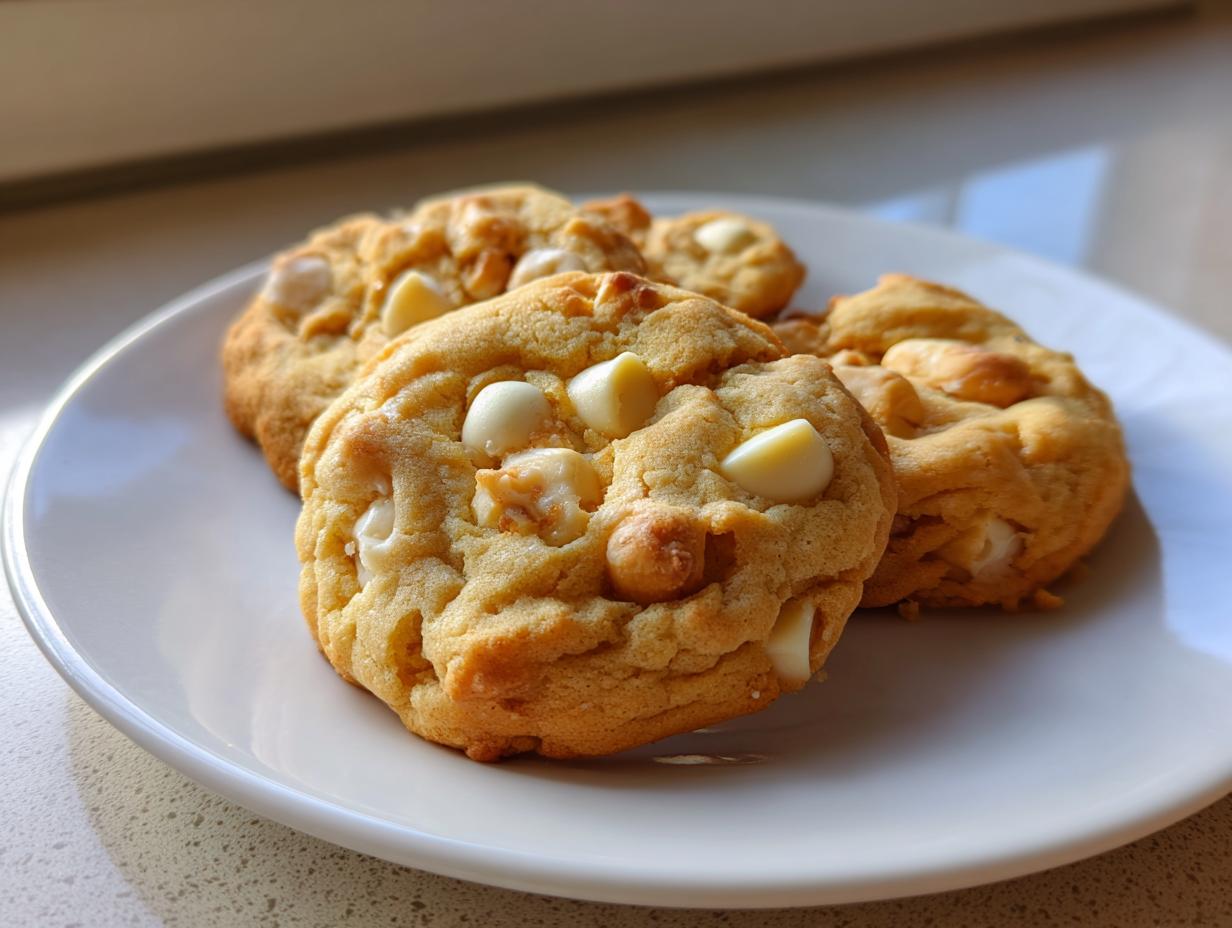 A close-up of three golden brown white chocolate macadamia nut cookies resting on a white plate.