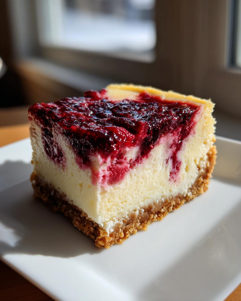 A perfect square slice of white chocolate raspberry cheesecake with a graham cracker crust, topped with vibrant raspberry swirl.