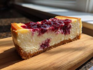 A close-up slice of creamy white chocolate raspberry cheesecake with a graham cracker crust, topped with rich raspberry swirl.