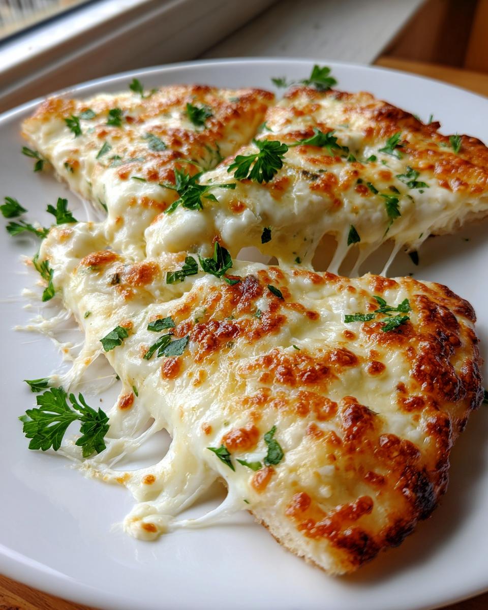 Close-up of three slices of white pizza showing extreme cheese pull, topped with browned cheese and fresh parsley.