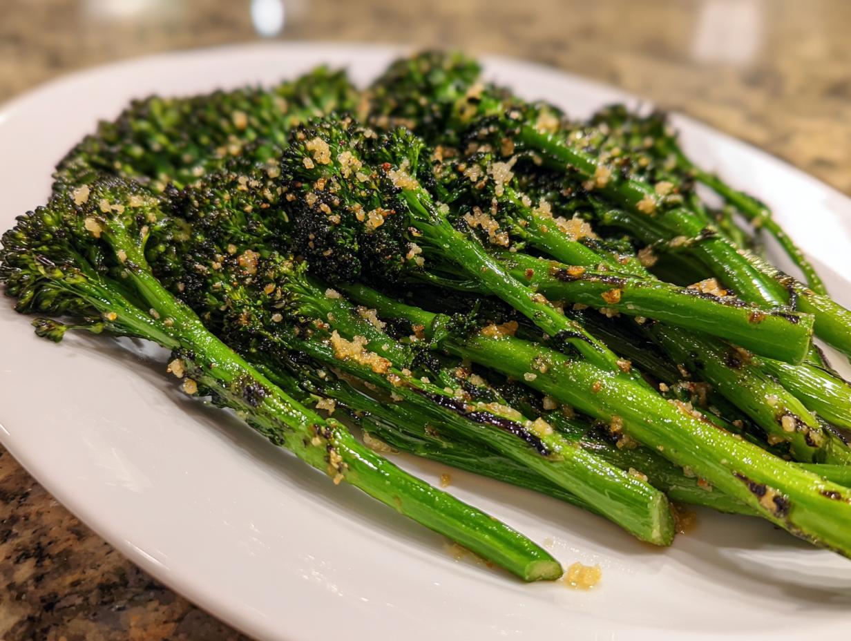 Close-up of bright green, tender broccolini stalks seasoned with crispy garlic bits on a white plate.