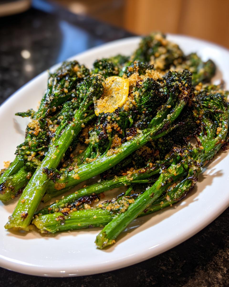 A serving of vibrant green, roasted broccolini topped with toasted breadcrumbs and a lemon slice.