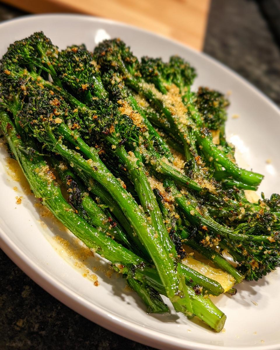 Close-up of bright green, roasted broccolini stalks topped with golden breadcrumbs and seasoning on a white plate.