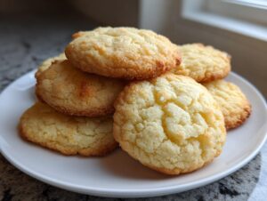 A stack of golden brown, slightly crinkled 150-calorie sugar cookies piled on a white plate.