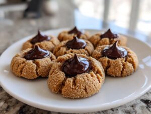 A plate of freshly baked peanut butter blossom cookies, rolled in sugar and topped with melted chocolate.